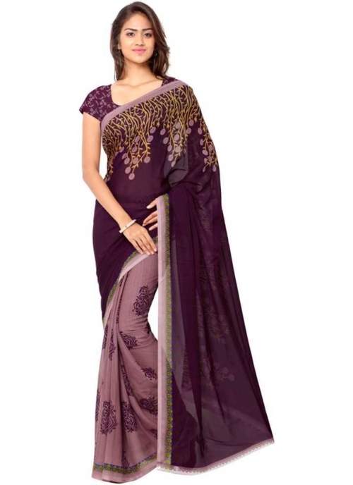 Printed Faux Georgette Wine Color Saree