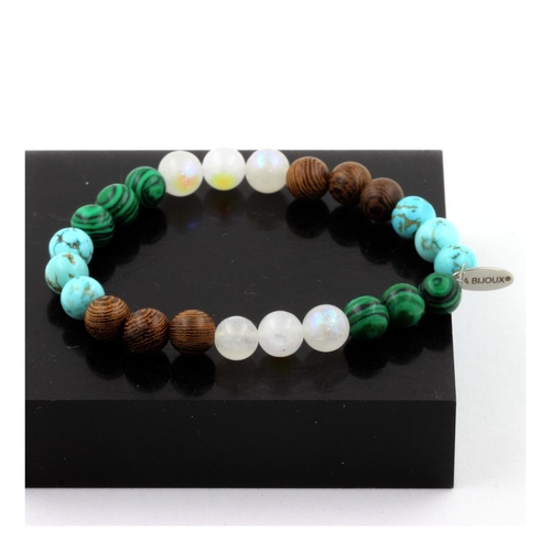 Moonstone + Turquoise + Malachite + Wood Bracelet 8 mm.