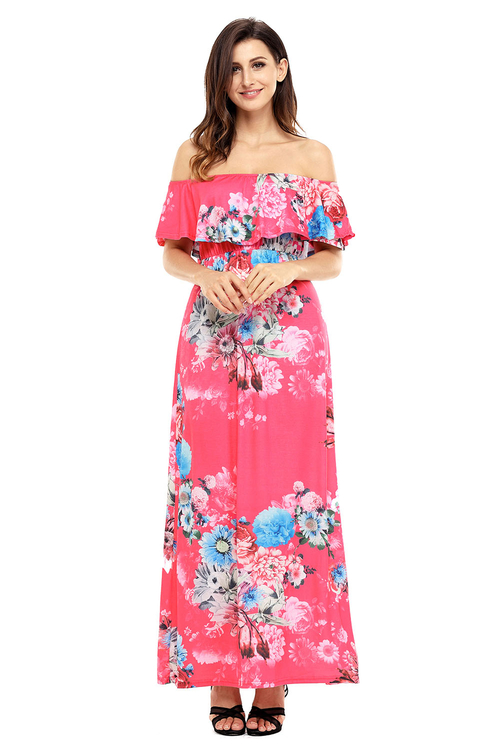 Flower Print Rosy Grounding Off Shoulder Long Boho Dress