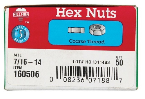 Hillman 160506 0.437 x 14 in. USS Fin Sae Hex Nuts  Box of 50