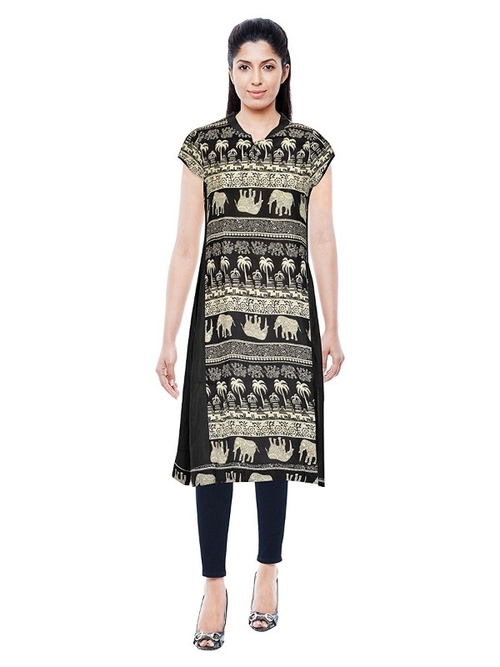 Rayon Elephant Printed Womens Kurti in Black