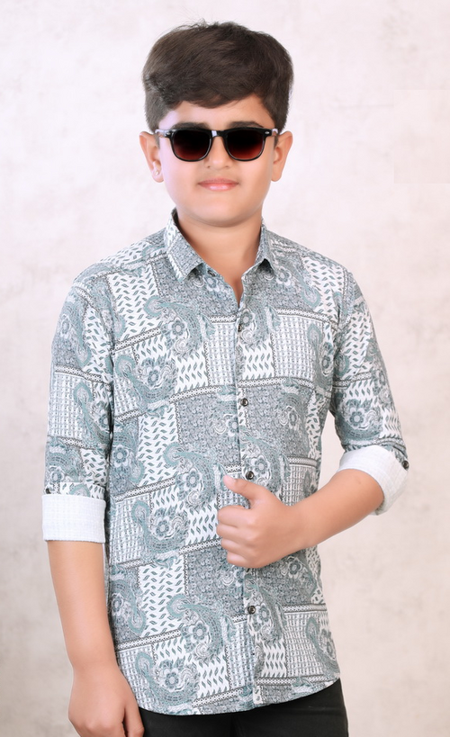 Boys Printed Cotton Casual Shirt (Color White) (Size 7 - 8 Years)
