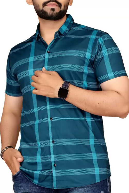 Men Regular Fit Checkered Spread Collar Casual Shirt Teal (Size M)