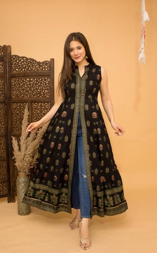 Viscose Rayon Stitched Anarkali Gown SIZE-S COLOR-BLACK