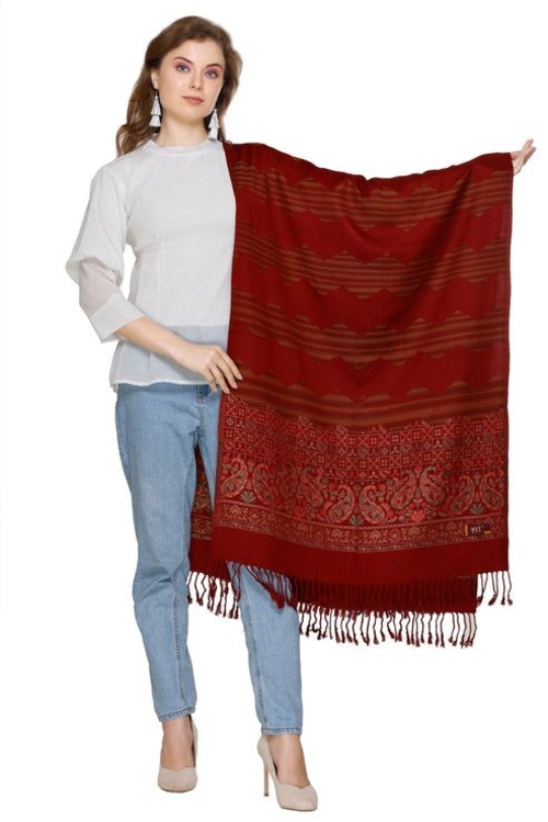Dark Maroon Striped Design Viscose Stole For Women.