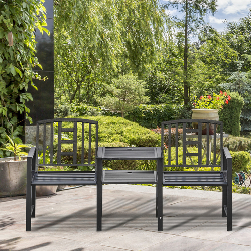 Outsunny Steel Garden Bench w/ Middle Table  Umbrella Hole  Double