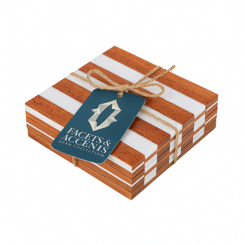 Main Facets & Accents Hoam Collection Wooden & Marble Coasters – Set of 4 image