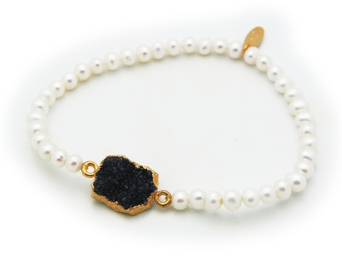 Fronay 212148B Black Druzy Mini Fresh Water Pearls Elastic Bracelet in