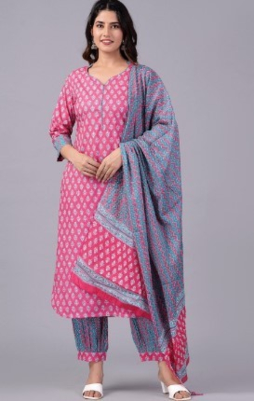 Ethnic Printed Mandarin Collar Pure Cotton Kurta with Salwar & Dupatta