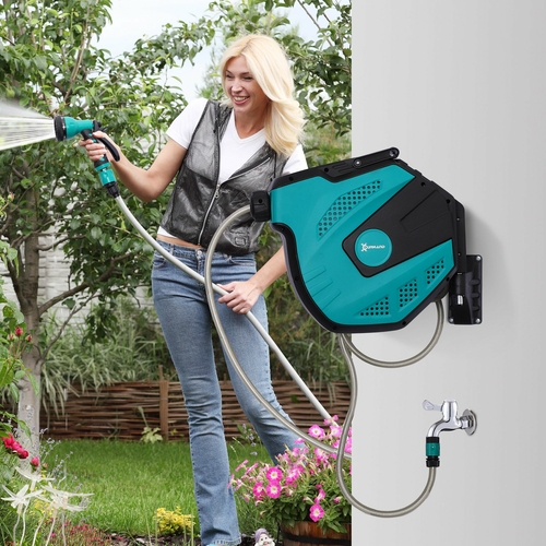 Outsunny 49'  Water Hose Reel Hose Wall Mounted Retractable Garden