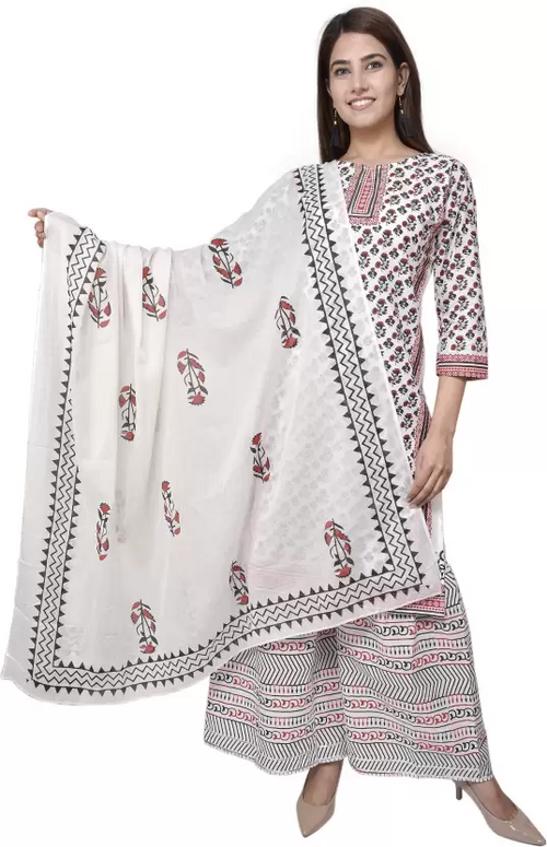 Cotton Discharge Print Kurti, Sharara With Dupatta Set