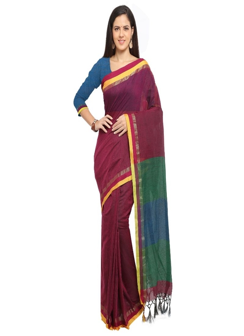 Generic Women's Linen Saree (Maroon, 5-6 Mtrs)