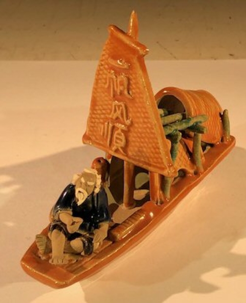 Man on Sampan Boat LargeGlazed Figurine