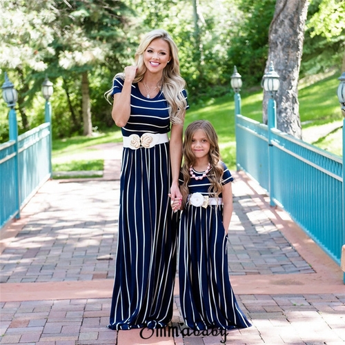 Mother and Daughter Short Sleeve Striped Long Maxi