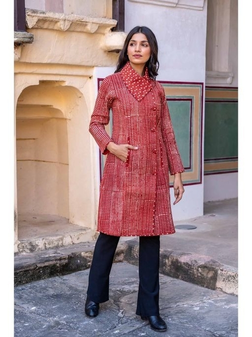 Natural Red Block Printed Quilted Bukhara Coat