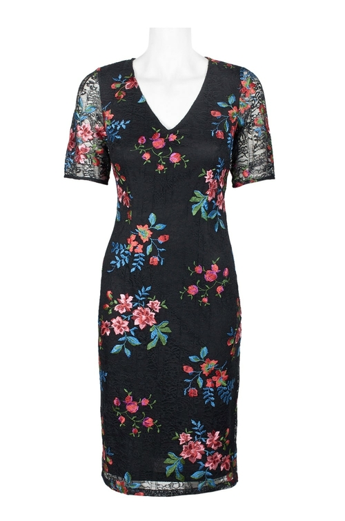 Adrianna Papell V-Neck Short Sleeve Bodycon Zipper Back Floral