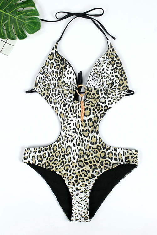 Leopard Printed Halter Hollow Out Monokini