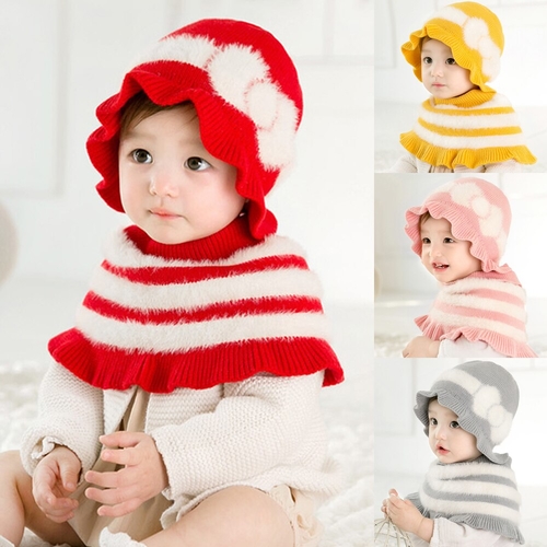 2019 New Toddler Kids Girl Hats Scarf Striped Fur