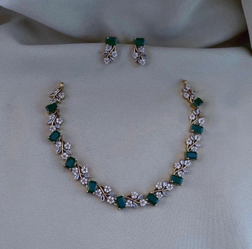 Gold plated cz matte finish necklace set plant vine design