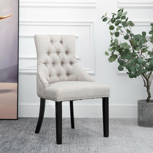 HOMCOM Swoop Air Linen Fabric Dining Chair with Nailhead Trim and Wood