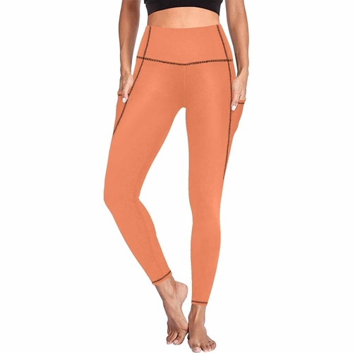 Womens Leggings with Pockets - Fitness Pants / Coral Red