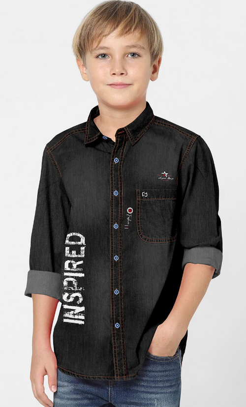 Boys Classic Spread Collar Solid Denim Casual Shirt (Color Black)
