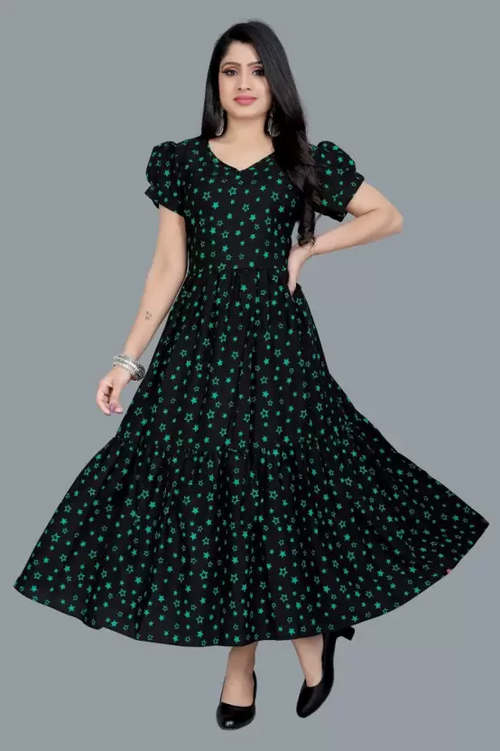 Women's Printed Crepe Stitched Anarkali Gown (Green, Black) (Size S)