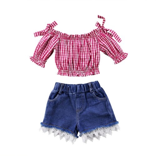 Fashion Toddler Kids Girls Plaid Off Shoulder