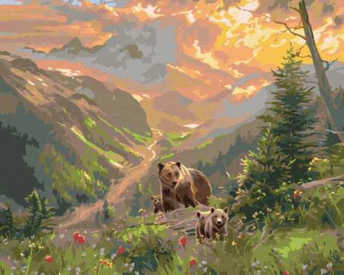 Paint by Numbers - SUNSET, A BEAR AND HER CUBS AND A RIVER BETWEEN THE