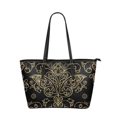 Large Leather Tote Shoulder Bag - Black and Beige Vintage Butterfly Il