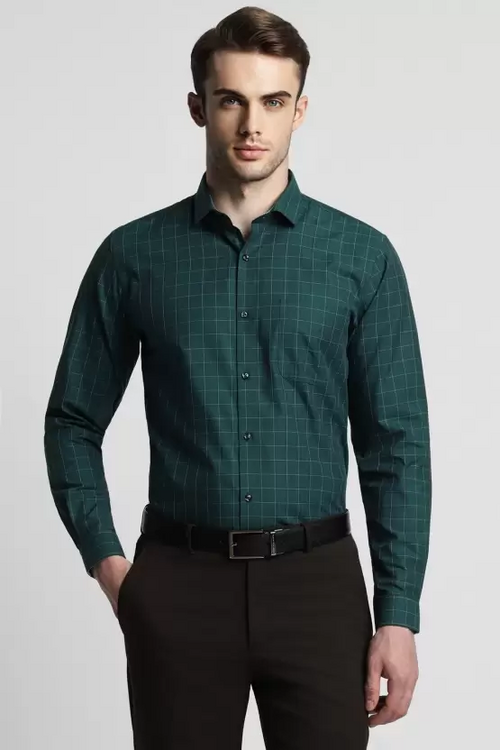 Men Slim Fit Checkered Spread Collar Formal Shirt Dark Green (Size XL)