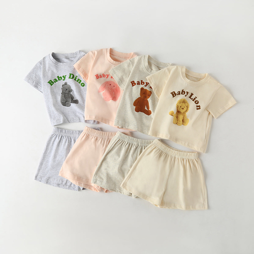 Baby Cartoon Animal & Slogan Pattern Short Sleeved Tee Combo Solid