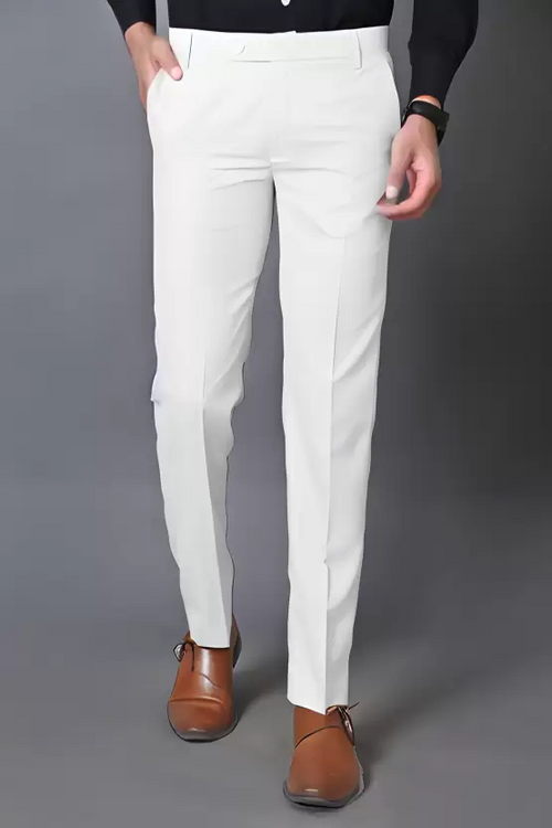 Men Regular Fit White Cotton Blend Trousers (Size L)