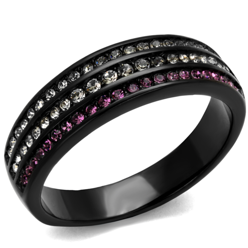 Women IP Black Stainless Steel Ring with Top Grade Crystal in Amethyst