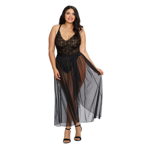 Dreamgirl Teddy & Sheer Mesh Maxi Skirt With G-String Black Queen 1X