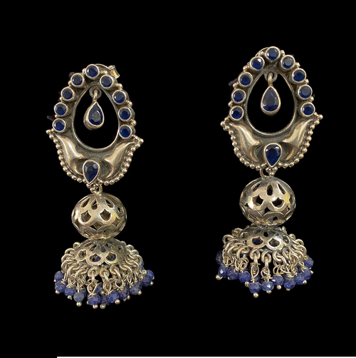 Blue Stone Flower Silver Studs with Jaali Jhumka