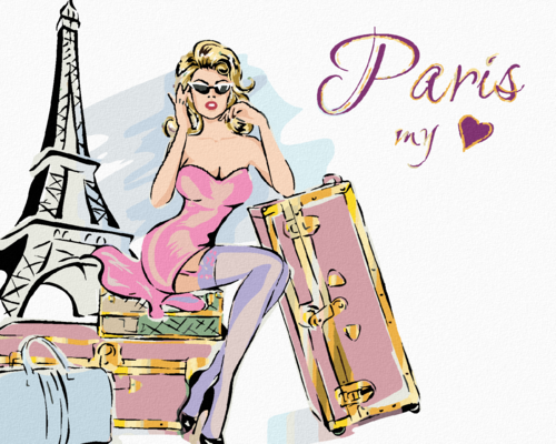 Paint by Numbers - WOMAN WITH SUITCASES AT THE EIFFEL TOWER