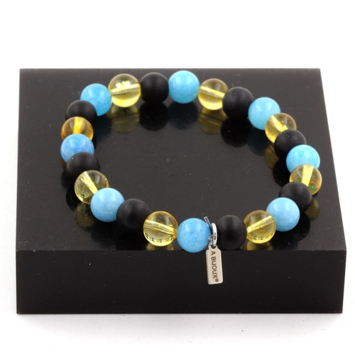 Citrine + Blue Chalcedony + Matte Black Onyx Bracelet 8 mm Beads.