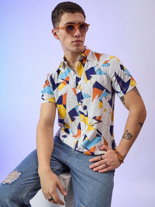 Hip length Printed Half Sleeves Casual Shirt (Size-L)