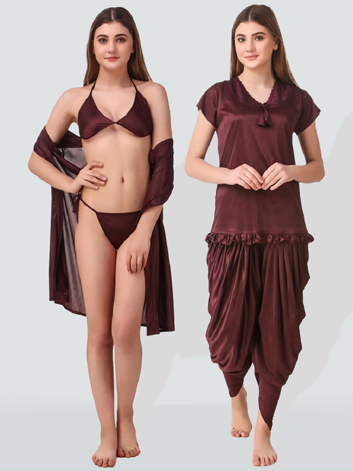 Romaisa Women's Satin Solid Brown Nightwear Set ( Pack of 5 )
