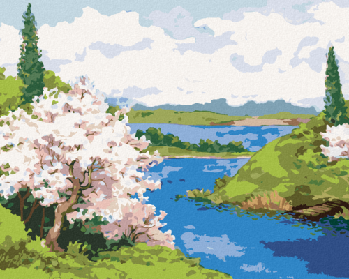 Paint by Numbers - FLOWERING TREES ON THE BANK OF A WINDING RIVER