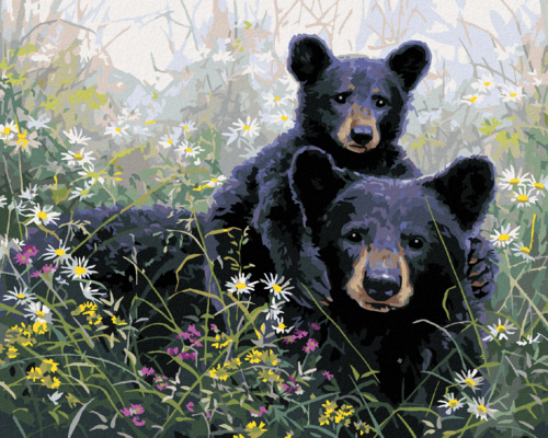 Paint by Numbers - BEAR AND CUB IN FLOWERS (ABRAHAM HUNTER)