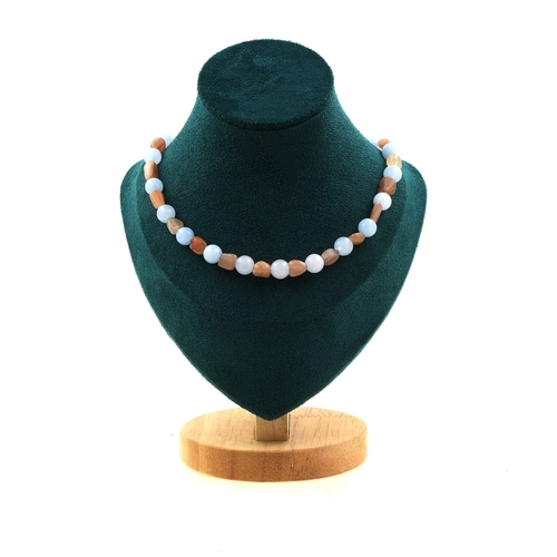 Sunstone from Tanzania + Blue Chalcedony 8 mm beads necklace.