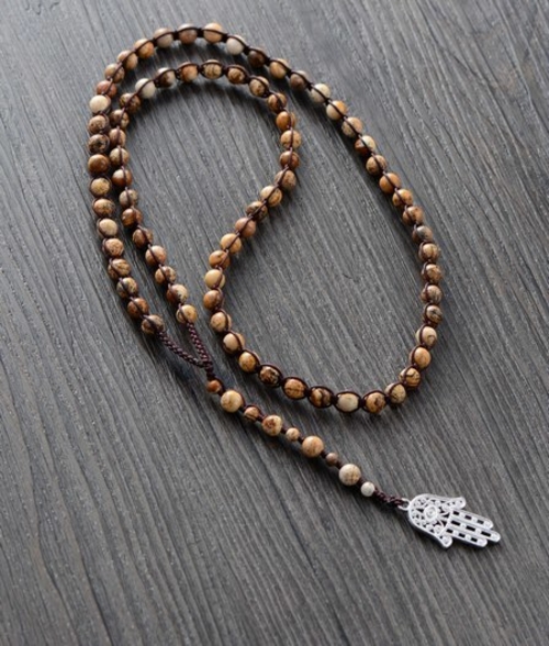 Men Necklace Handmade 6MM Picture Stone with Hamsa