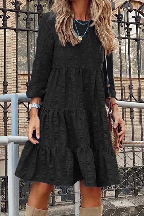 Black Long Sleeve Babydoll Ruffled Mini Dress