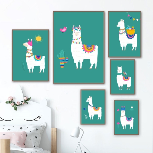 Cartoon Bird Llama Cactus Flower Wall Art