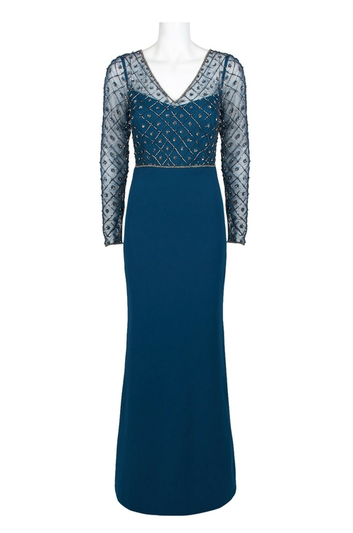 Adrianna Papell V-Neck Long Sleeve Illusion Zipper Back Embellished