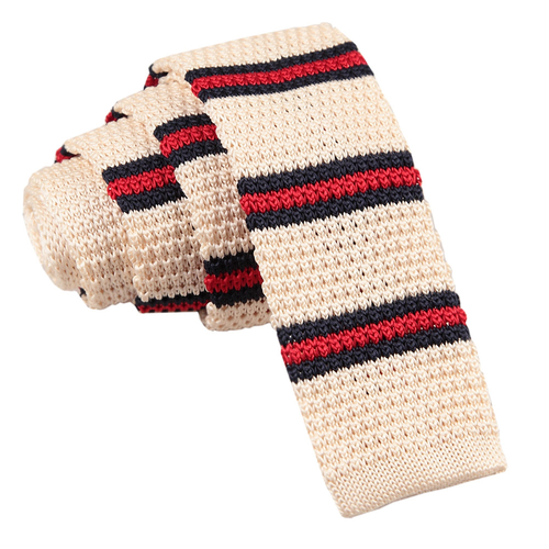 Knitted 3 Thin Stripe Skinny Tie - Knitted Cream with Red & Navy Thin
