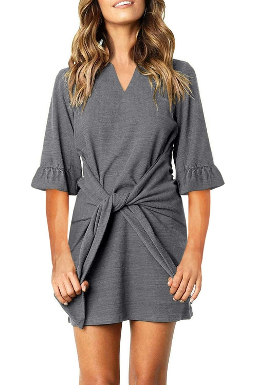 Gray V Neck Ruffled Sleeves Waist Tie Mini Dress