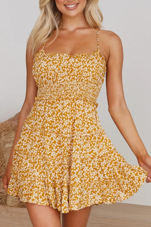 Yellow Spaghetti Straps Ruffle Floral Dress